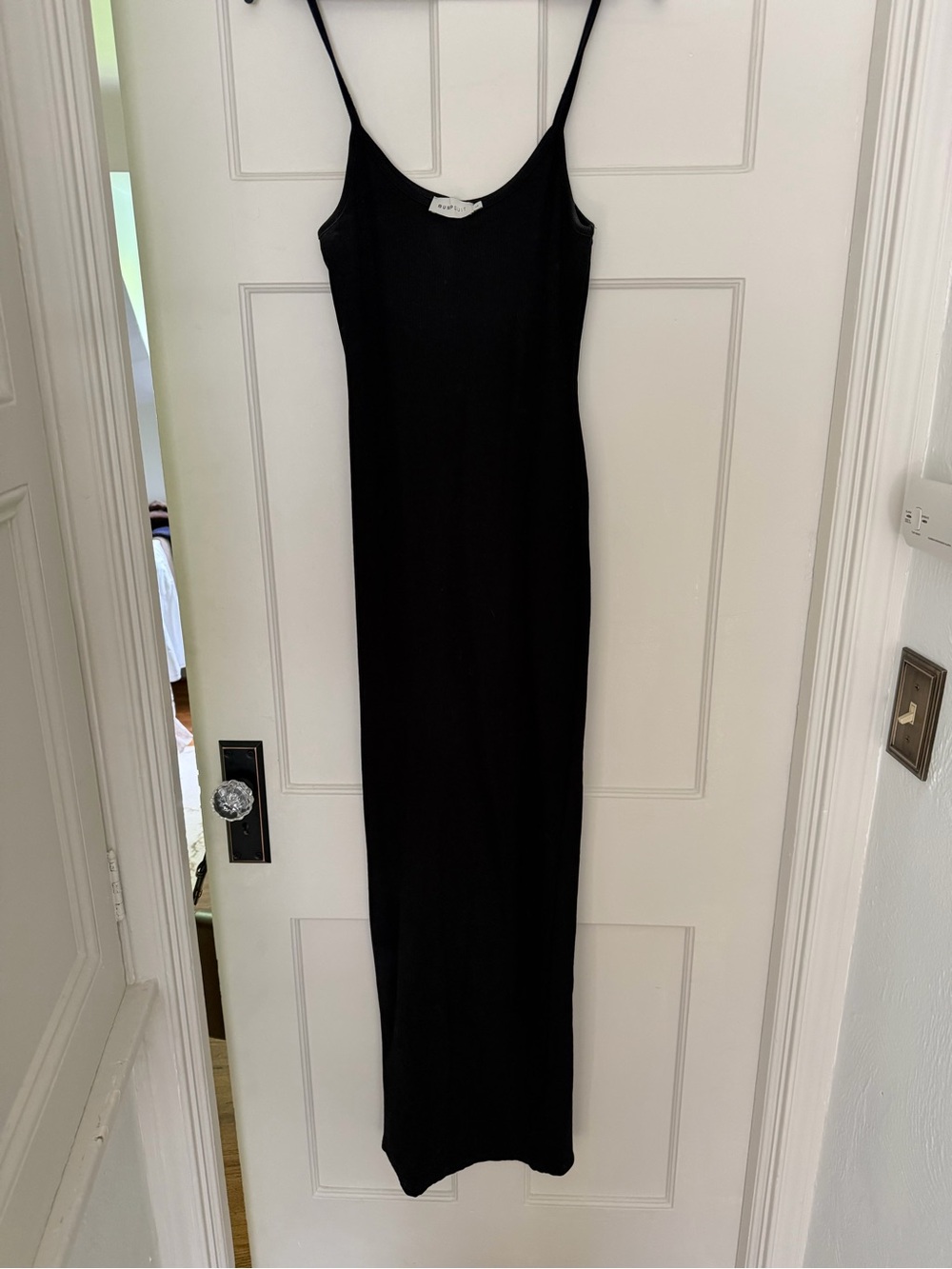 Bumpsuit Black Ribbed Maxi Dress with Spaghetti Straps